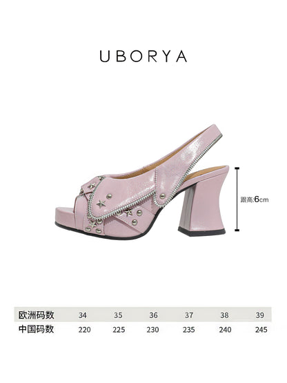 UBORYA Pink Metallic Platform Slingback Heels - Peep Toe Star Stud Zipper Detail Sculptural Heel Sandals