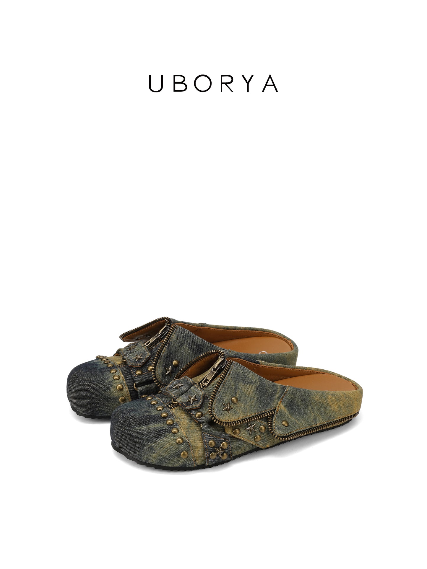UBORYA Distressed Denim Slip-On Mules with Zipper & Brass Studs – Star Accent Slides for Women | Grunge Punk Utility Footwear | Vintage Wash Clogs