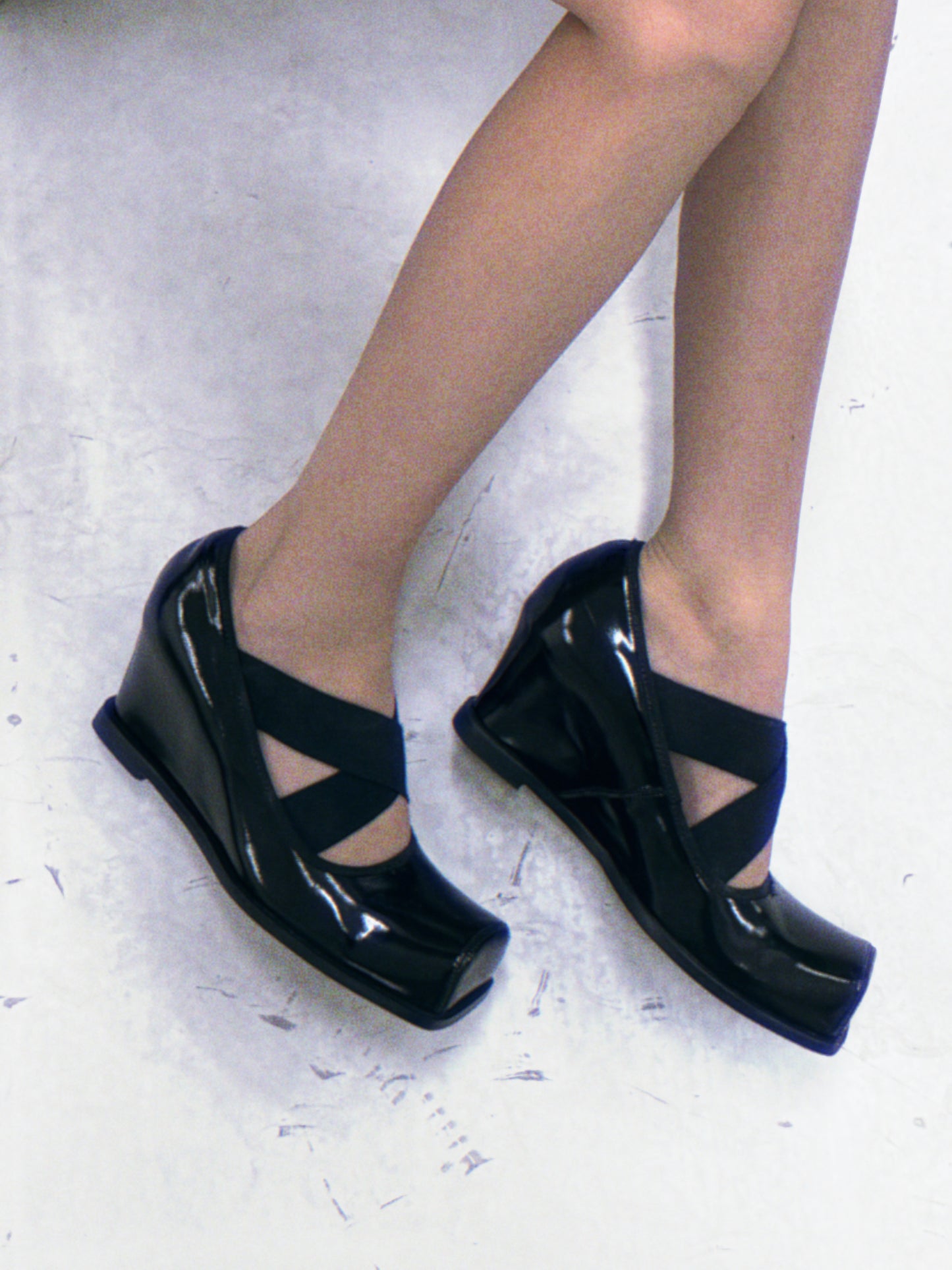 UBORYA Black Patent Square-Toe Wedge Pumps with Elastic Crisscross Straps – Architectural Heels for Women | Minimalist Avant-Garde Footwear | Sleek Power Wedges