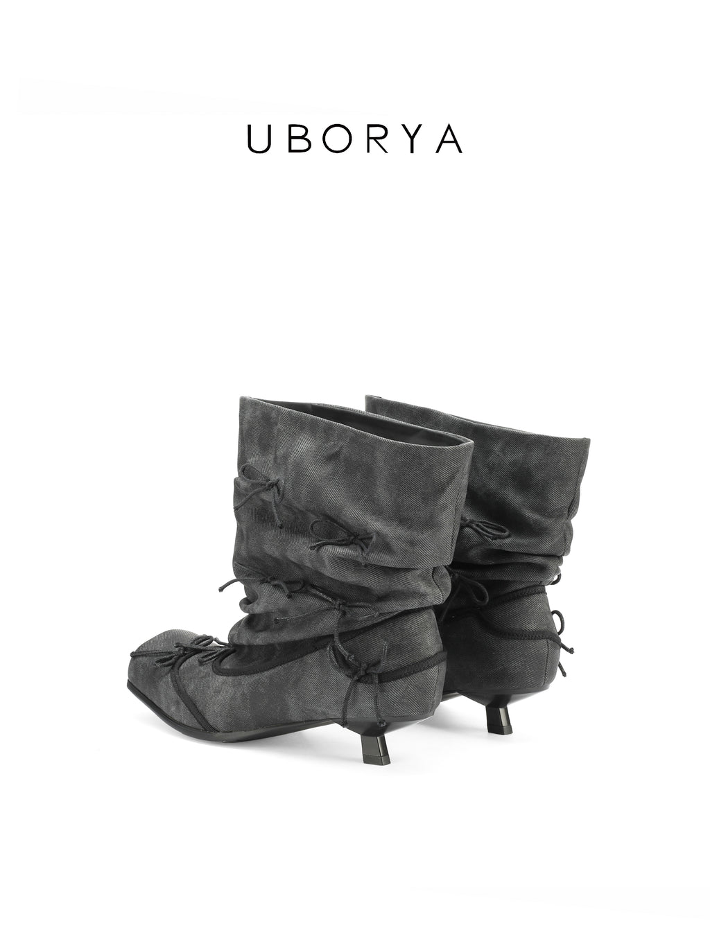 UBORYA Grey Denim Slouchy Bow Ankle Boots with Square Toe