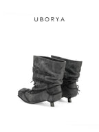 UBORYA Grey Denim Slouchy Bow Ankle Boots with Square Toe