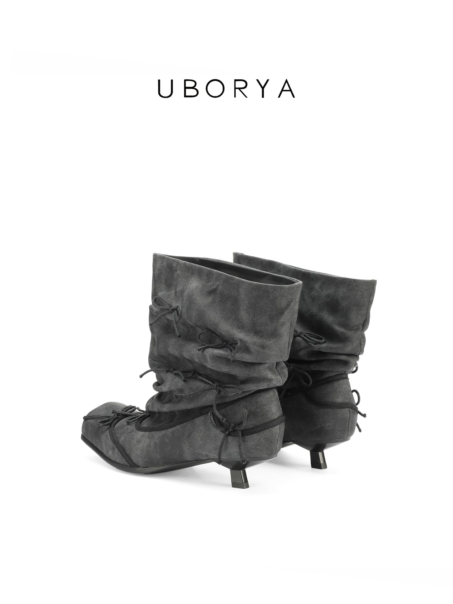 UBORYA Grey Denim Slouchy Ankle Boots with Bows – Square Toe Kitten Heel Booties for Women | Ruched Shaft | Mini Bow Accents | Grunge Y2K Denim Boots