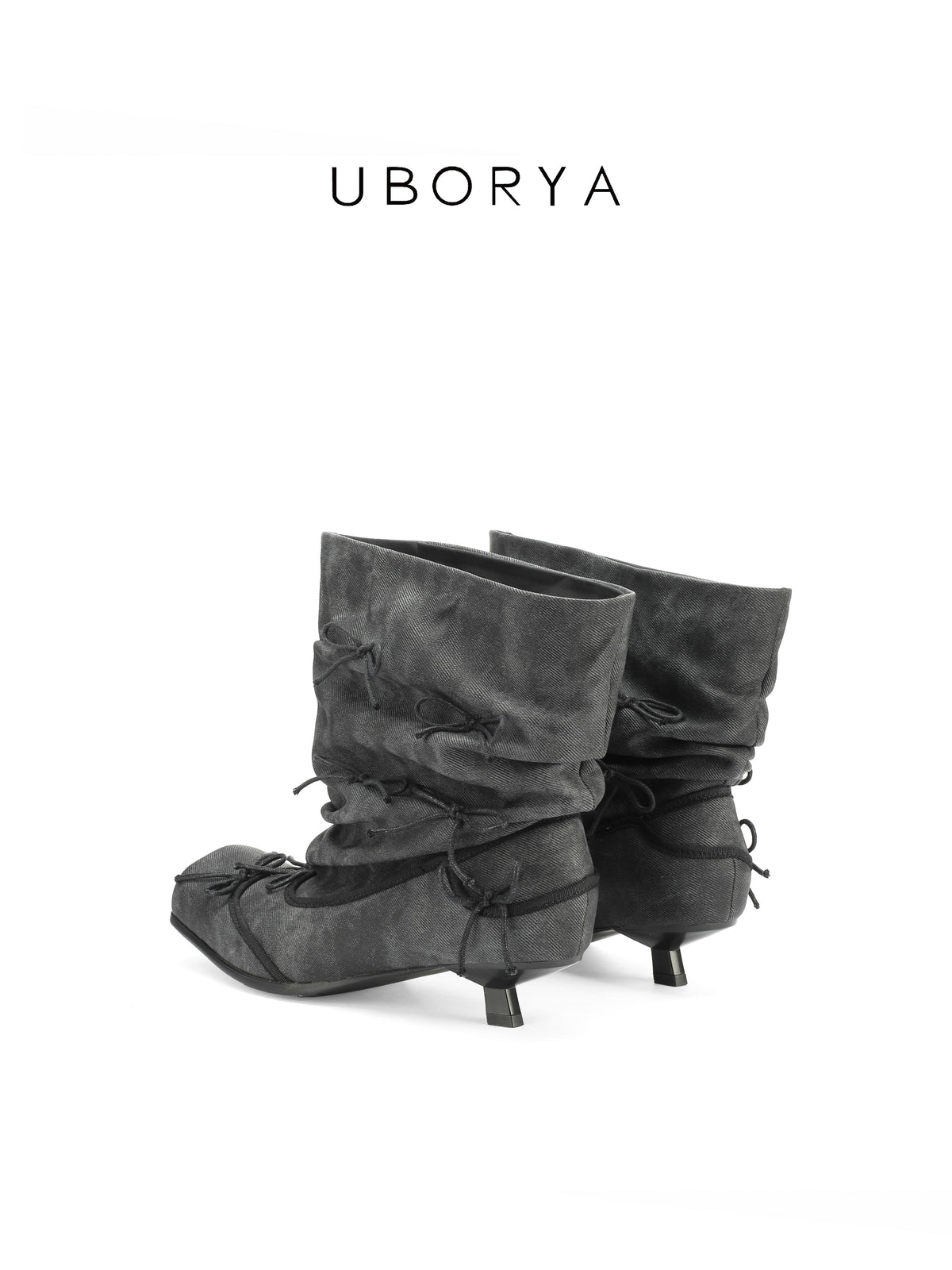 UBORYA Grey Denim Slouchy Bow Ankle Boots with Square Toe