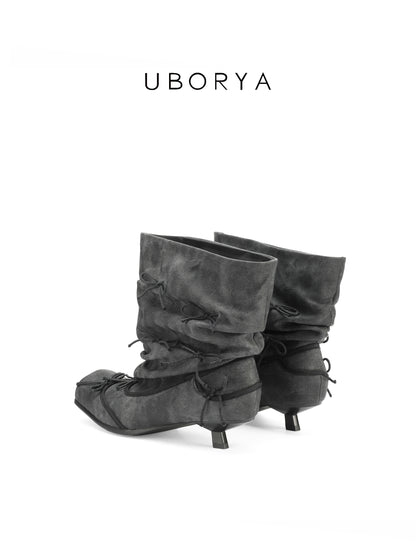 UBORYA Grey Denim Slouchy Ankle Boots with Bows – Square Toe Kitten Heel Booties for Women | Ruched Shaft | Mini Bow Accents | Grunge Y2K Denim Boots