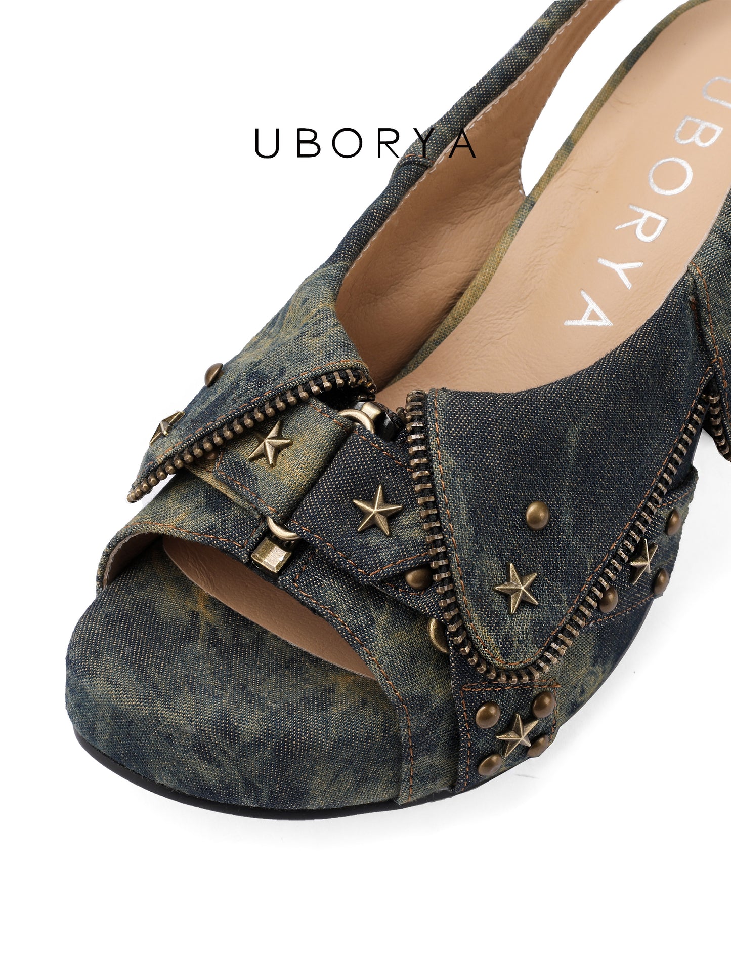 UBORYA Washed Denim Platform Slingback Heels - Peep Toe Star Stud Zipper Detail Sculptural Heel Sandals