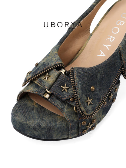 UBORYA Washed Denim Platform Slingback Heels - Peep Toe Star Stud Zipper Detail Sculptural Heel Sandals