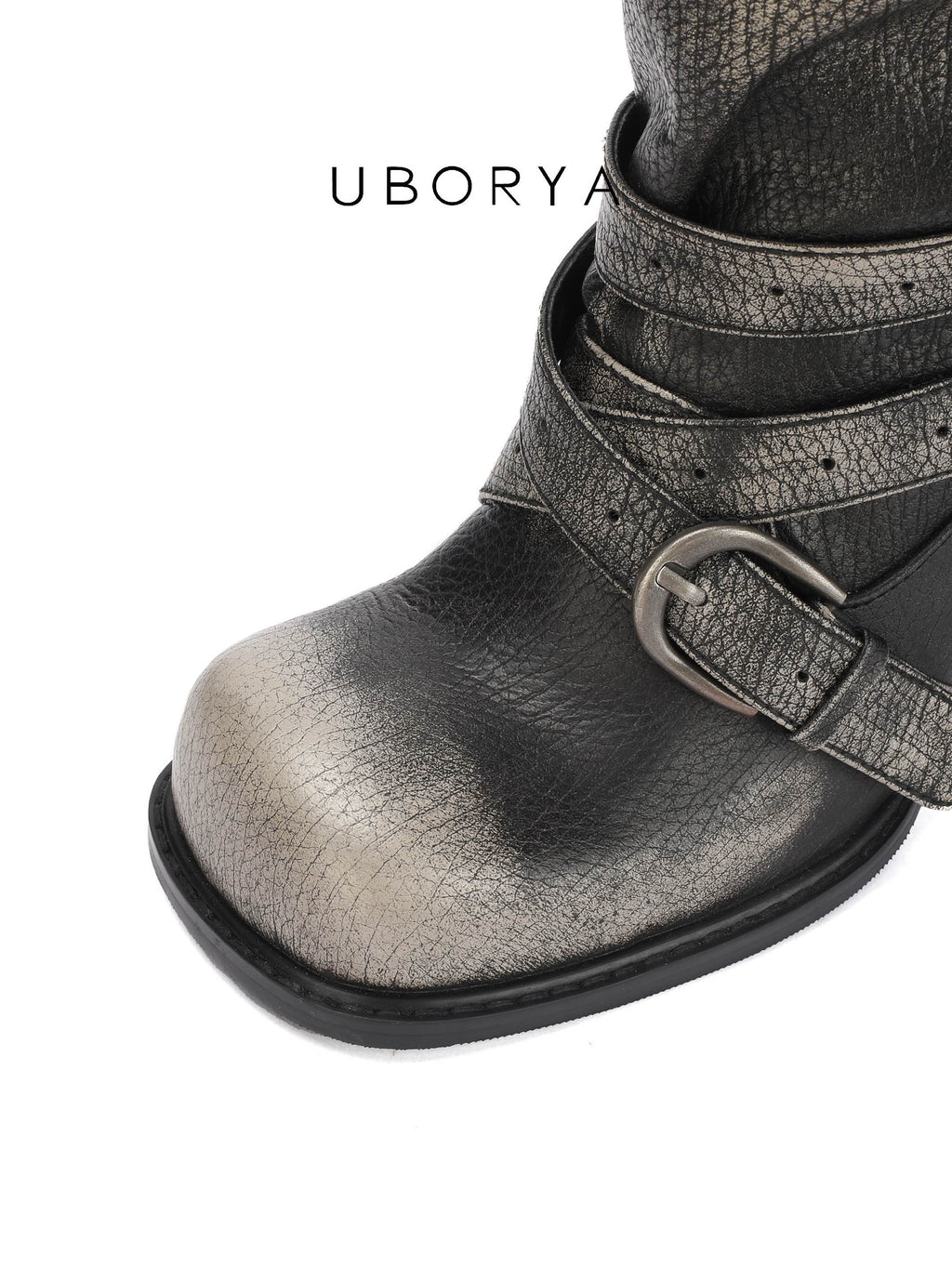 UBORYA Black Slouchy Knee-High Boots with Buckle Straps and Sculptural Heel