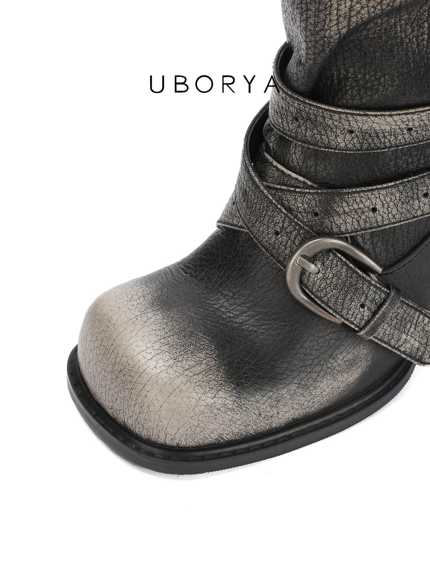 UBORYA Black Slouchy Knee-High Boots with Buckle Straps – 6.5cm Sculptural Kitten Heel Boots for Women | Square Toe | Crinkled Leather Harness Booties