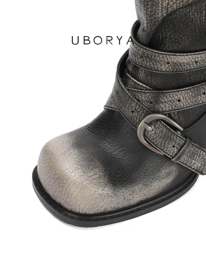 UBORYA Black Slouchy Knee-High Boots with Buckle Straps – 6.5cm Sculptural Kitten Heel Boots for Women | Square Toe | Crinkled Leather Harness Booties