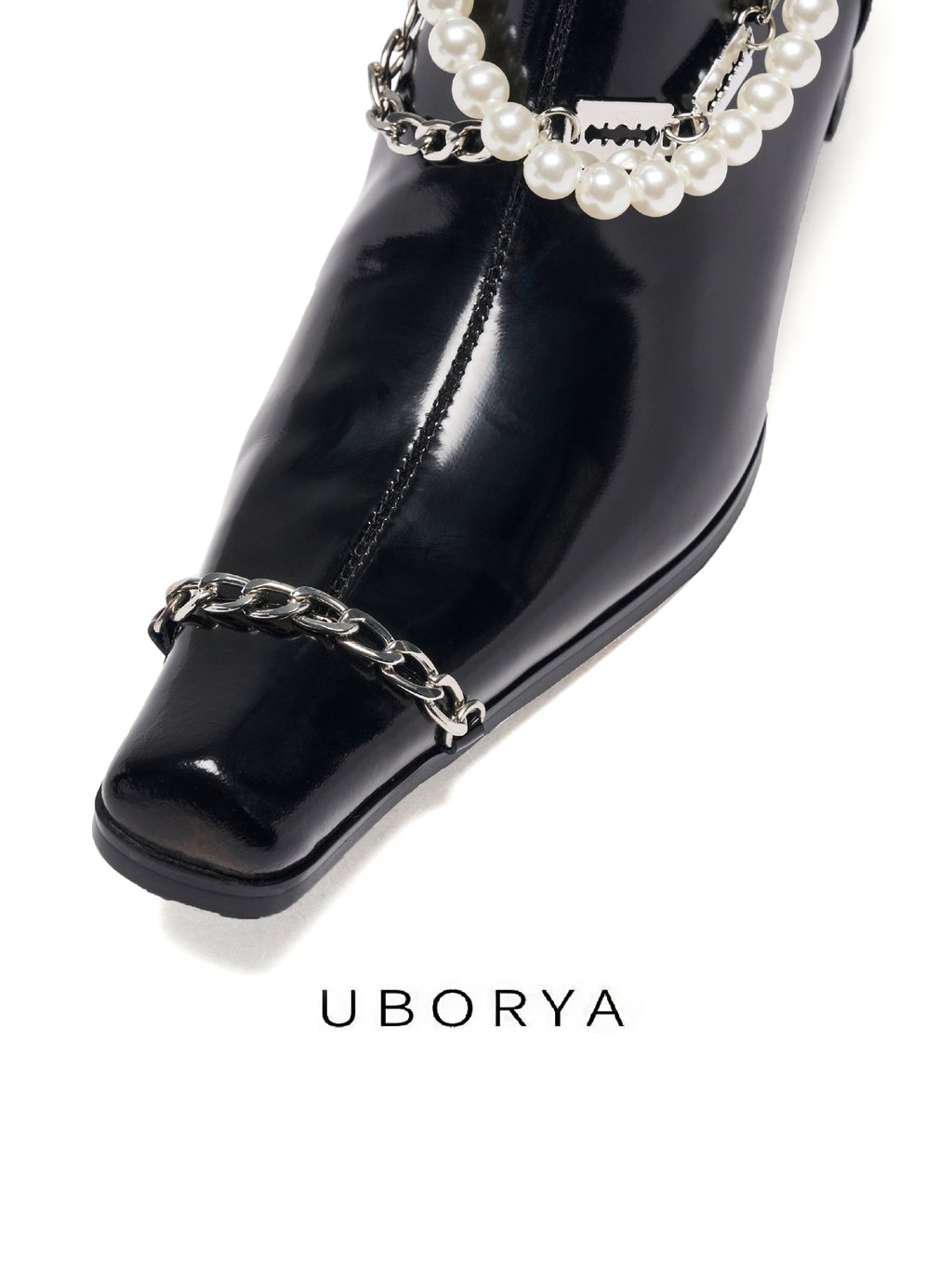 UBORYA Black Patent Leather Ankle Boots Pearl Chain Square Toe Block Heel
