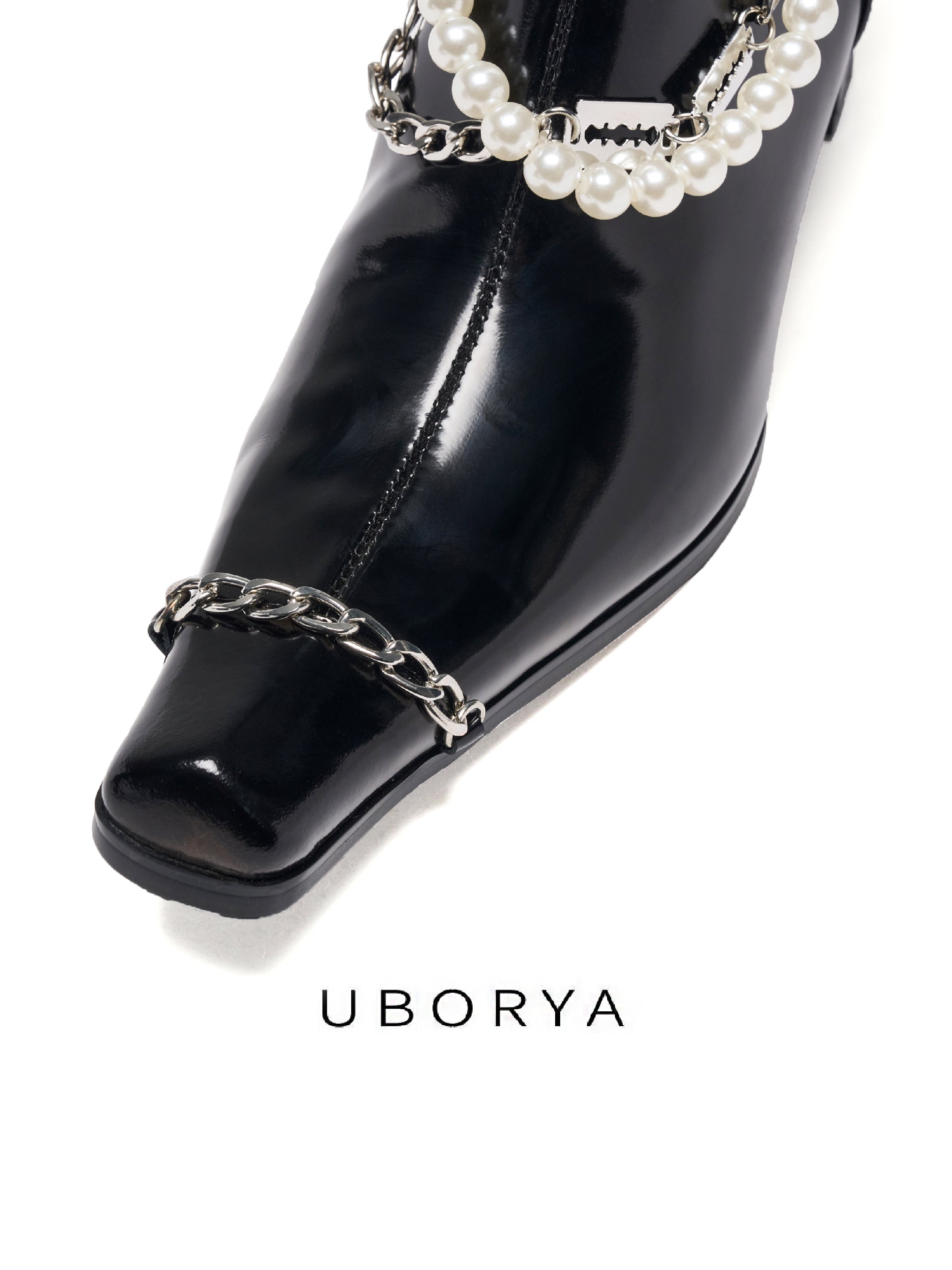 UBORYA Black Patent Leather Ankle Boots Pearl Chain Square Toe Block Heel