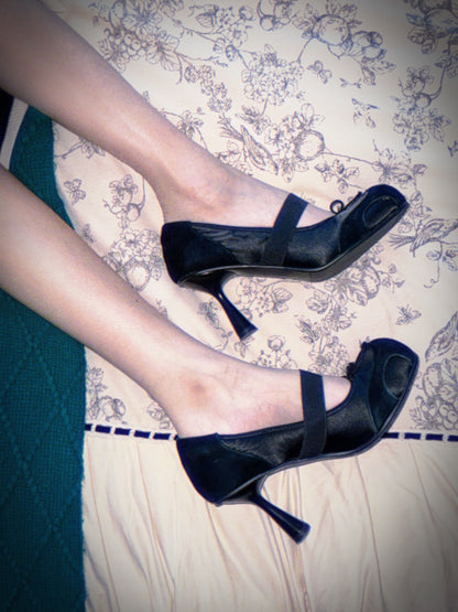 UBORYA Black Mary Jane Stiletto Heels - Mixed Material Round Toe Bow Detail Pumps