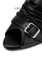 UBORYA Black Leather Braided Slingback Wedge Sandals