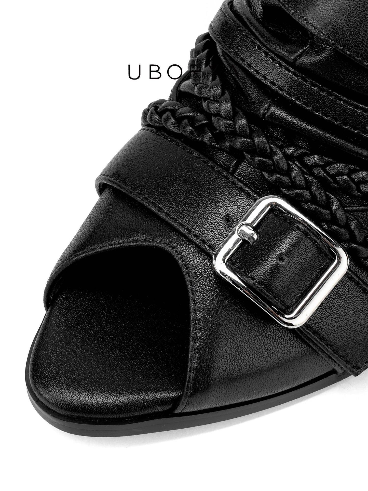 UBORYA Black Leather Slingback Peep-Toe Shoes with Braided Straps & Silver Buckles – Low Wedge Heel Pumps for Women | Edgy Utility Sandals | Punk Glam Footwear