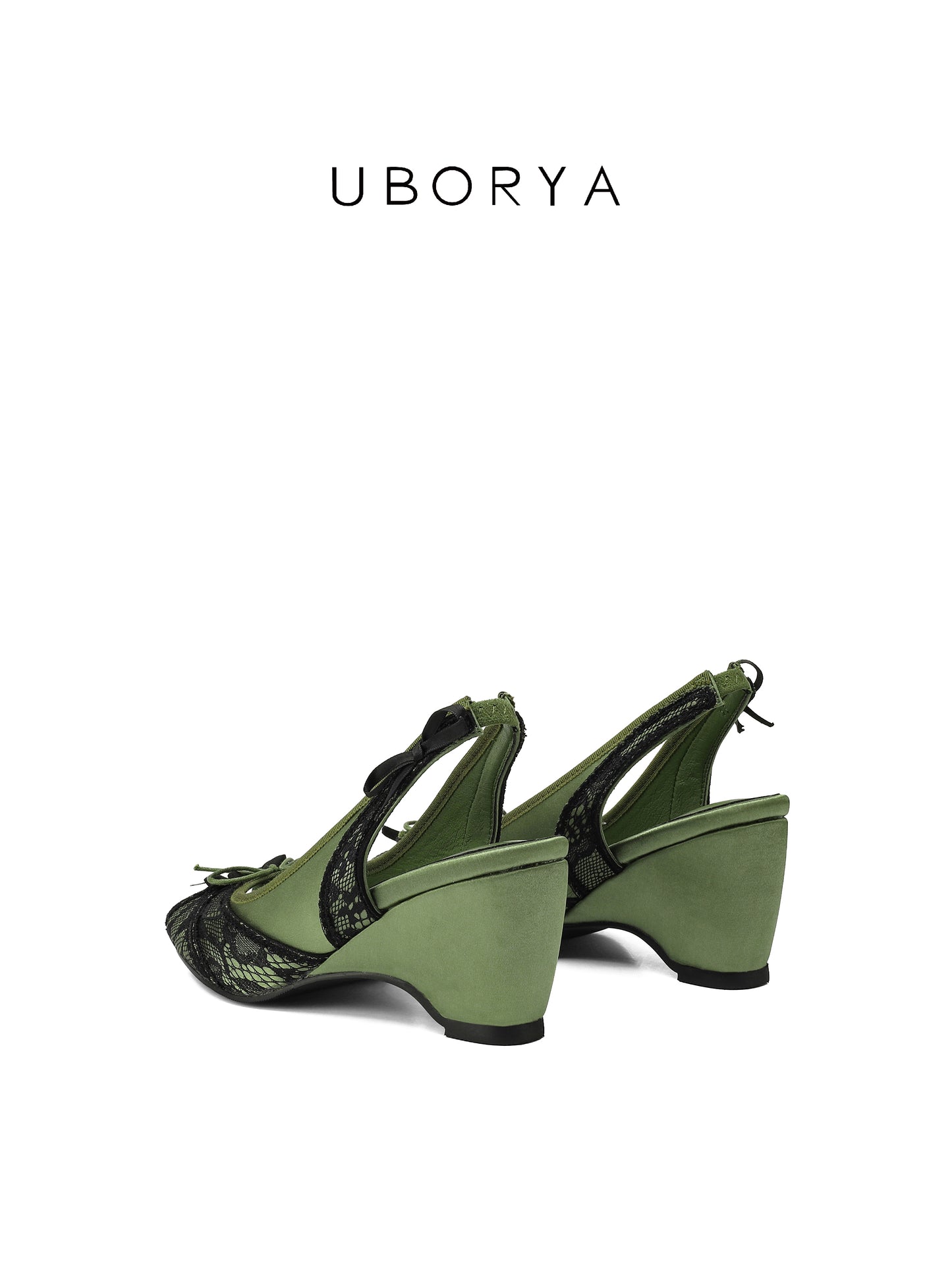 UBORYA Olive Green Slingback Peep-Toe Shoes with Black Lace Overlay – Low Wedge Heel Pumps for Women | Dark Academia Bows | Vintage Garden Heels