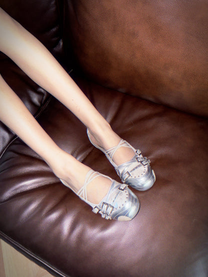 UBORYA Silver Metallic Mary Jane Flats – Y2K Futuristic Ballet Shoes for Women | 2cm / 0.8in Flat Sole | Mixed Media with Cowhide & Suede | Double Buckle & Lace-Up Detail