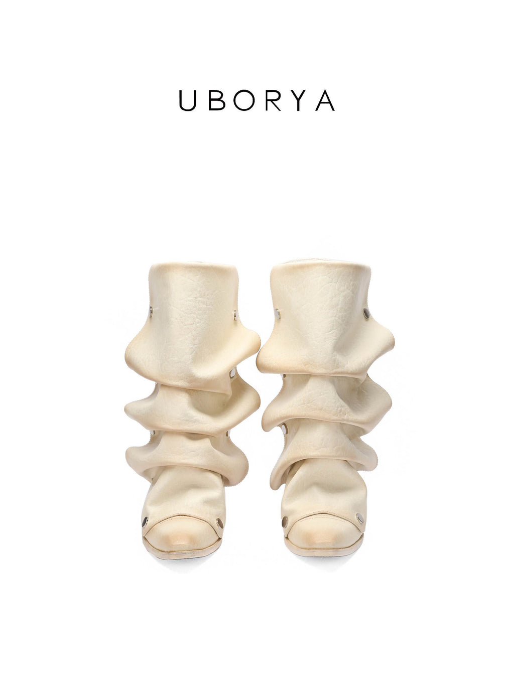 UBORYA Off White Sculptural Slouch Boots 6cm Block Heel Metal Eyelets Faux Leather