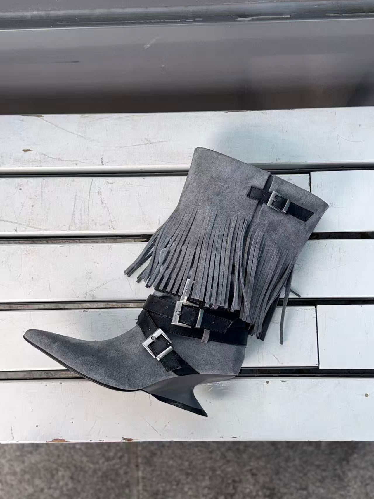 UBORYA Grey Blue Suede Fringe Mid-Calf Boots with Buckle Straps – Sculptural Wedge Heel Boots for Women | Pointed Toe | Western Avant-Garde Booties