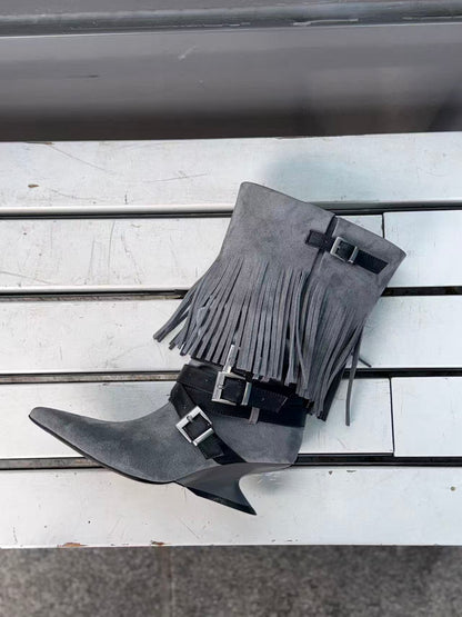 UBORYA Grey Blue Suede Fringe Mid-Calf Boots with Buckle Straps – Sculptural Wedge Heel Boots for Women | Pointed Toe | Western Avant-Garde Booties