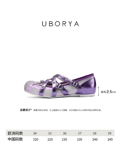 UBORYA Metallic Purple Gradient Crisscross Ballet Flats - Star Stud Detail Round Toe Flat Shoes