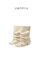 UBORYA Off White Sculptural Slouch Boots 6cm Block Heel Metal Eyelets Faux Leather