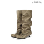 UBORYA Khaki Suede Slouchy Knee-High Boots with Bow Details