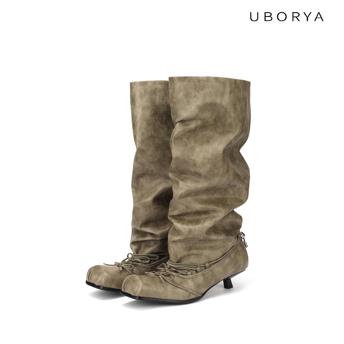 UBORYA Khaki Suede Slouchy Knee-High Boots with Bows – Square Toe Kitten Heel Boots for Women | Ruched Shaft | Side Zipper | Earthy Avant-Garde Booties
