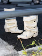 UBORYA Off White Sculptural Slouch Boots 6cm Block Heel Metal Eyelets Faux Leather