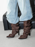 UBORYA Brown Suede Ruched Mid Calf Boots 7cm Block Heel Knot Detail