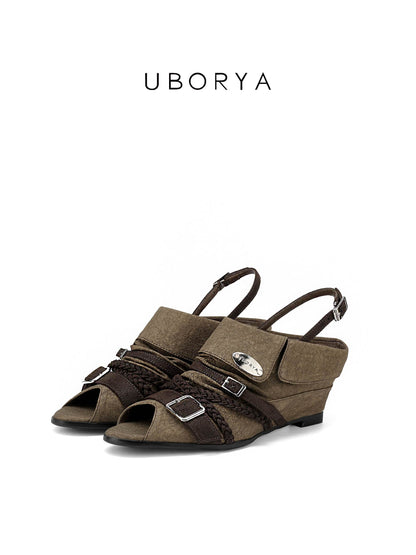 UBORYA Olive Khaki Slingback Peep-Toe Shoes with Braided Straps & Silver Buckles – Low Wedge Heel Pumps for Women | Boho Utility Cuff Sandals | Vintage Rustic Footwear