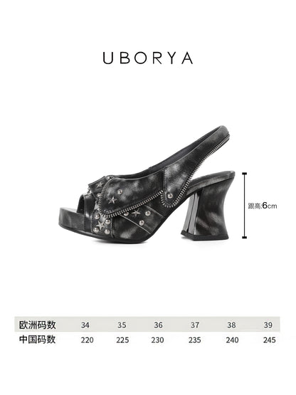 UBORYA Distressed Black Platform Slingback Heels - Peep Toe Star Stud Zipper Detail Sculptural Heel Sandals