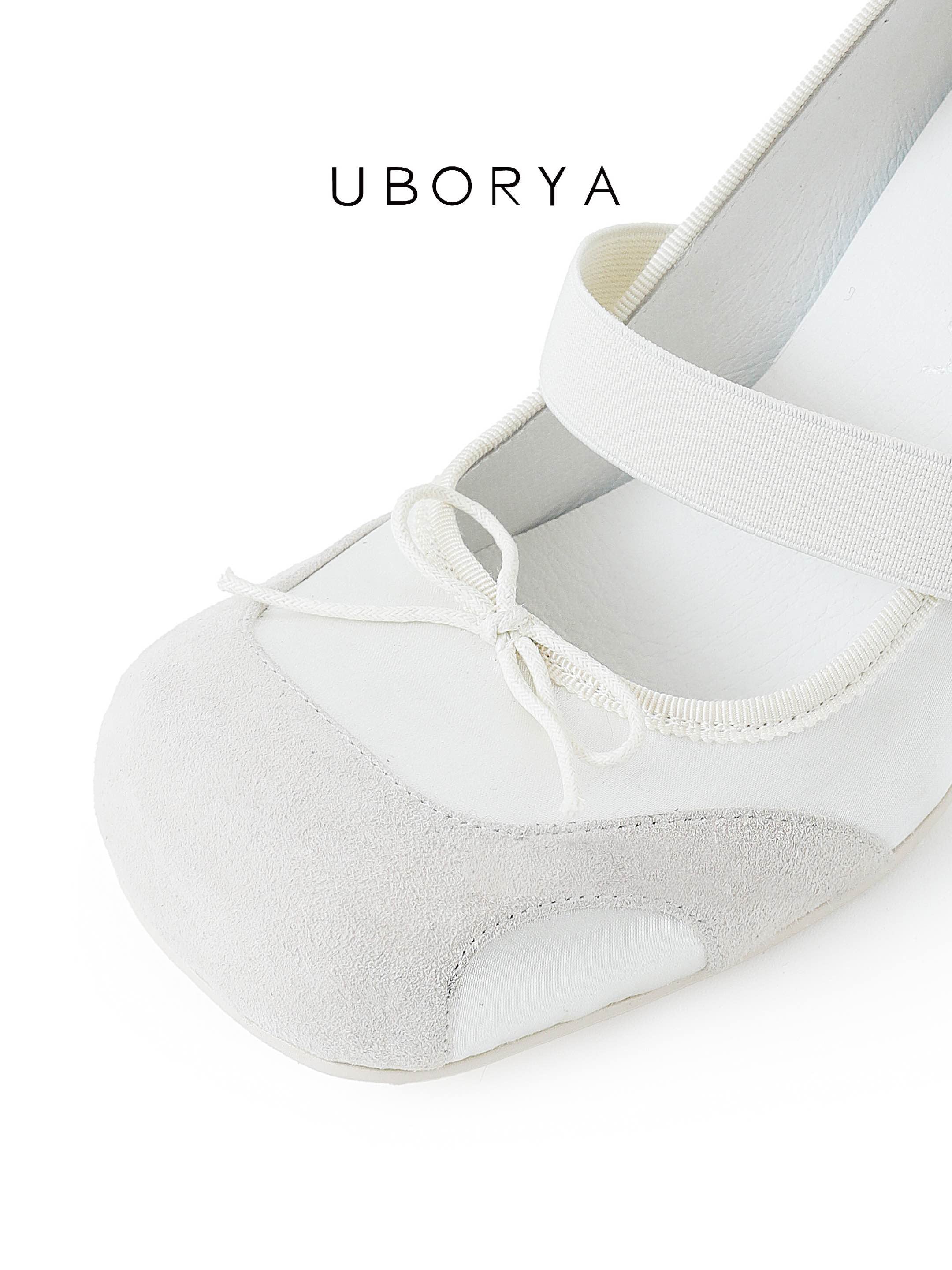 UBORYA Off‑White Mary Jane Stiletto Heels, Suede Mesh Panel Bow Detail