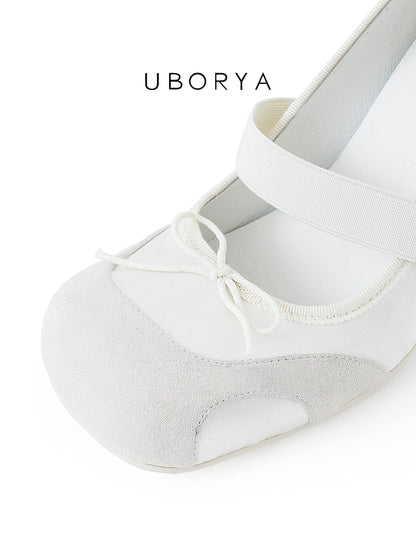 UBORYA Off-White Mary Jane Stiletto Heels - Suede Mesh Panel Round Toe Bow Detail Pumps