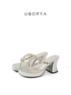 UBORYA Silver Rhinestone Platform Thong Sandals