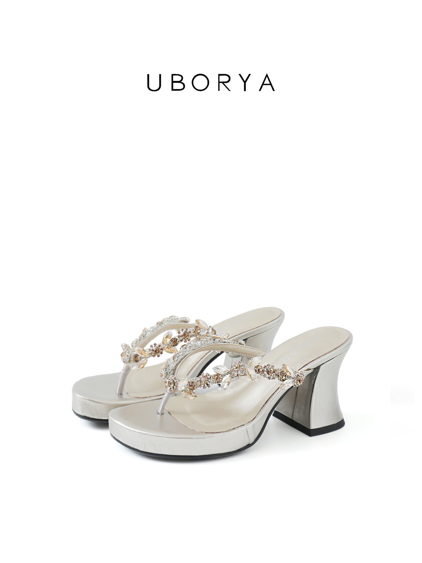 UBORYA Silver Champagne Rhinestone Thong Sandals – Glamorous Platform Heels for Women | 8cm / 3.15in Chunky Heel | Crystal Embellished Straps | Square Toe Slip-On Mules