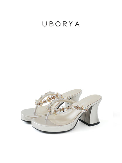 UBORYA Silver Champagne Rhinestone Thong Sandals – Glamorous Platform Heels for Women | 8cm / 3.15in Chunky Heel | Crystal Embellished Straps | Square Toe Slip-On Mules