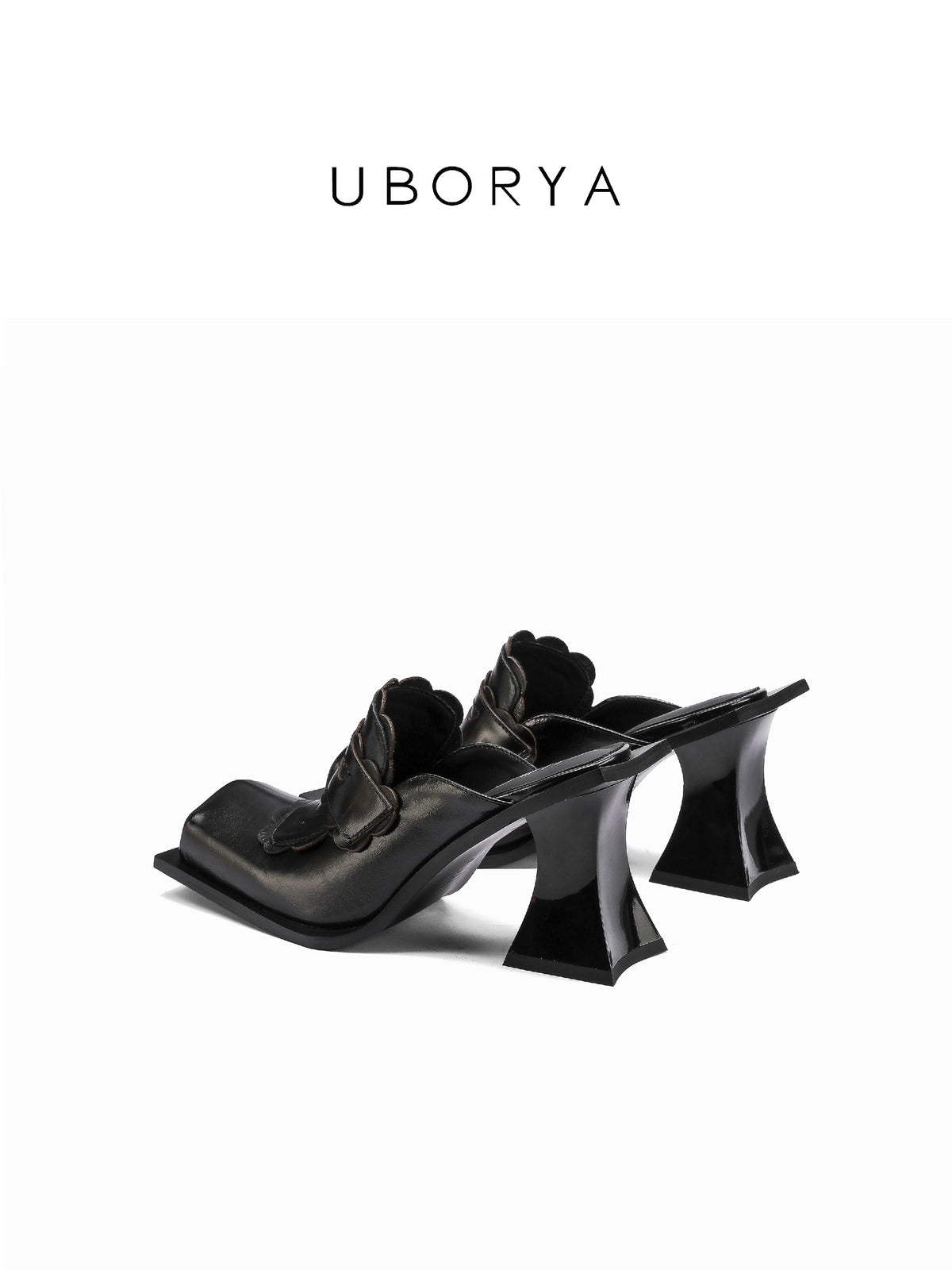 UBORYA Black Sculptural Avant‑Garde Mules 8cm Geometric Block Heel