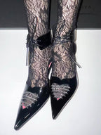 UBORYA Black Patent Leather Heart Cut Out Kitten Heels Pointed Toe Pumps