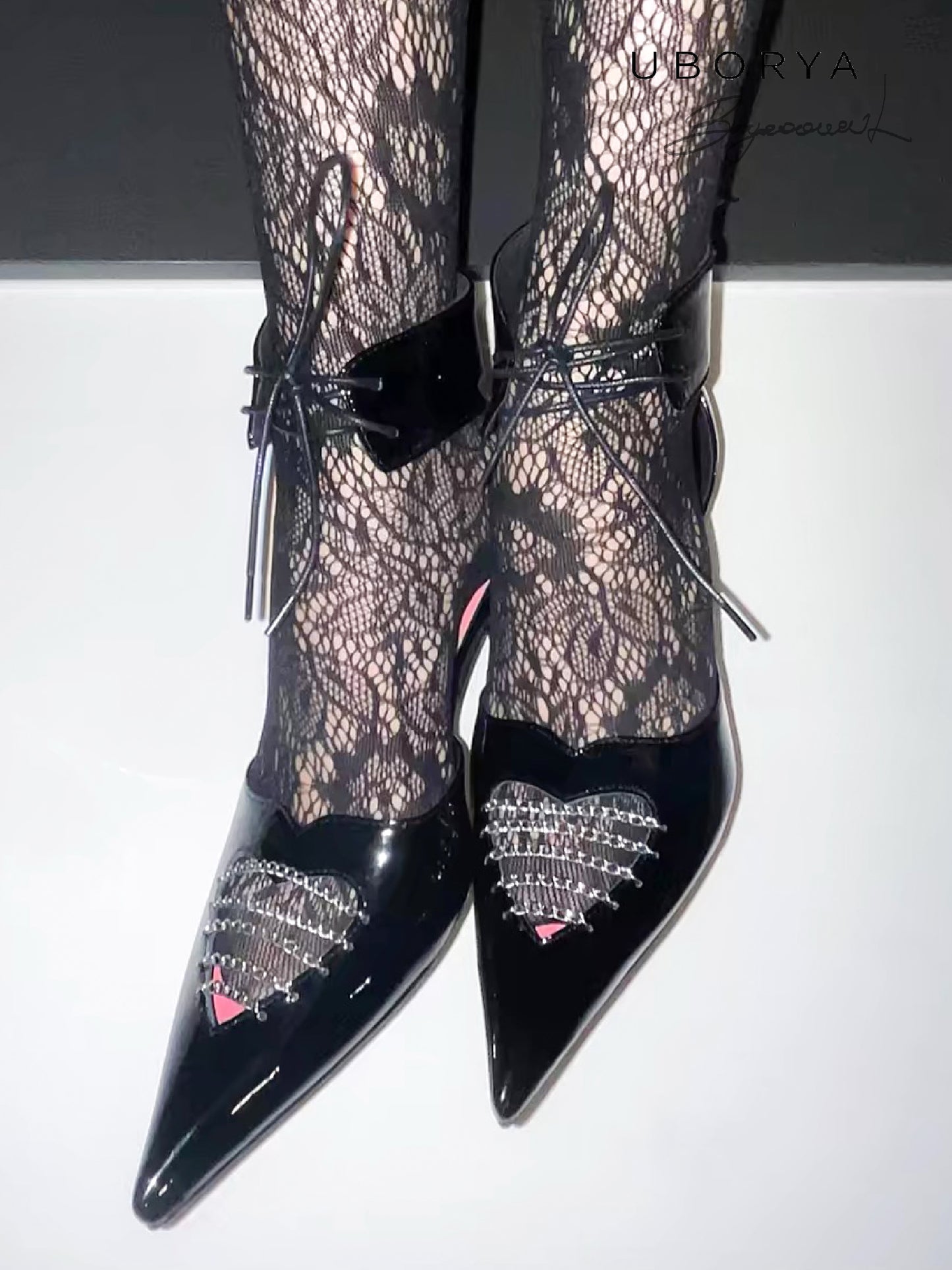 UBORYA Black Patent Leather Heart Cut-Out Kitten Heels - Ankle Tie d'Orsay Pointed Toe Pumps