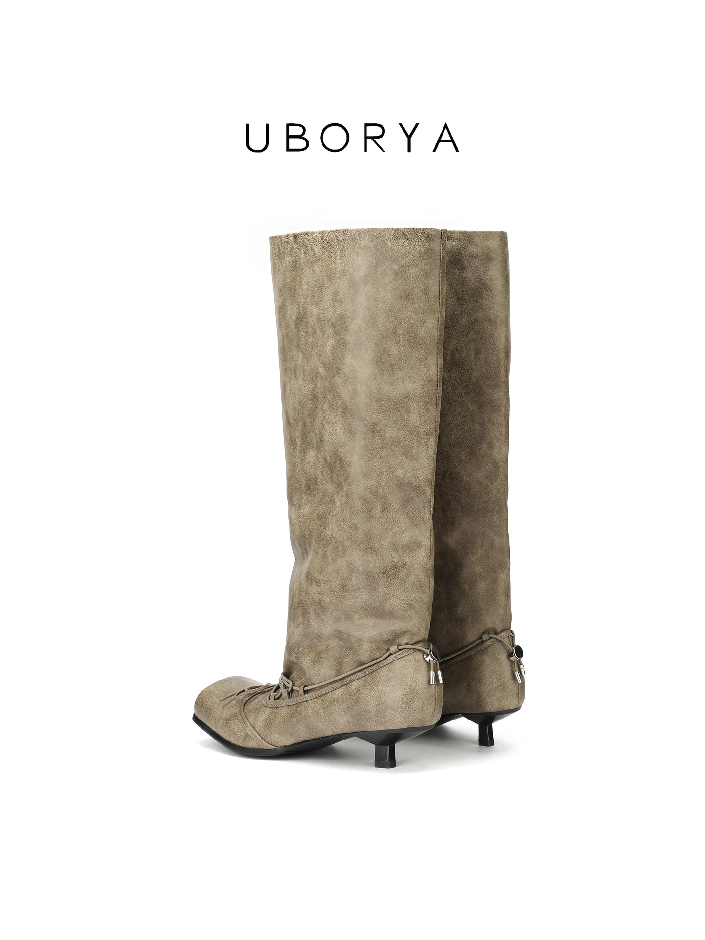 UBORYA Khaki Suede Slouchy Knee-High Boots with Bows – Square Toe Kitten Heel Boots for Women | Ruched Shaft | Side Zipper | Earthy Avant-Garde Booties