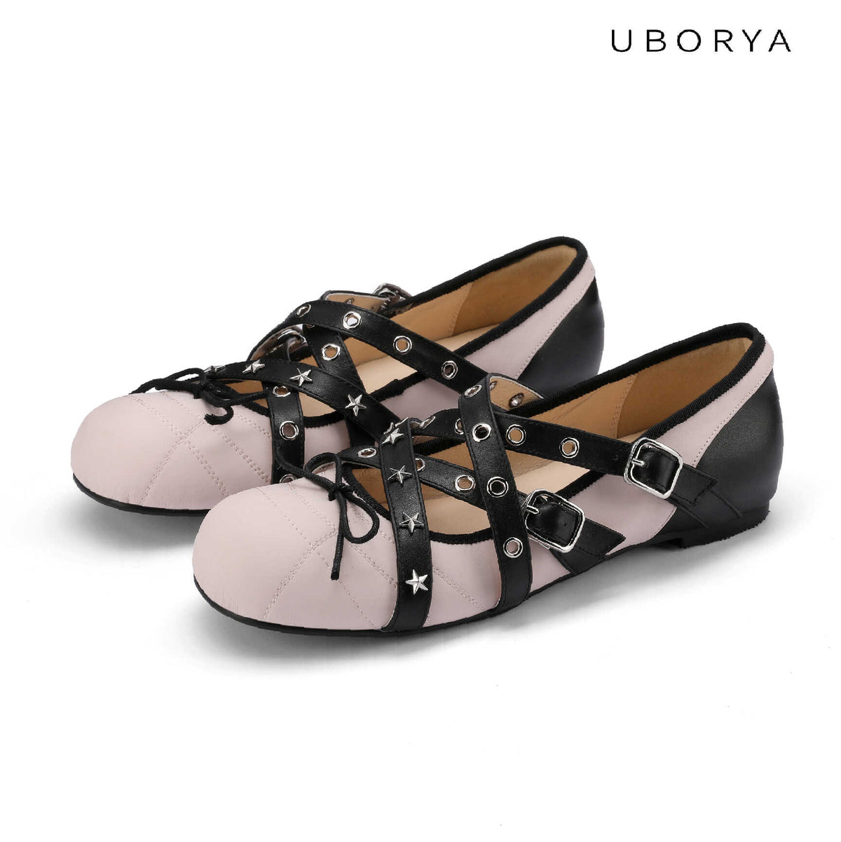 UBORYA Pink & Black Star‑Cross Y2K Sweet Punk Mary Jane Flats