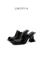 UBORYA Black Sculptural Avant‑Garde Mules 8cm Geometric Block Heel