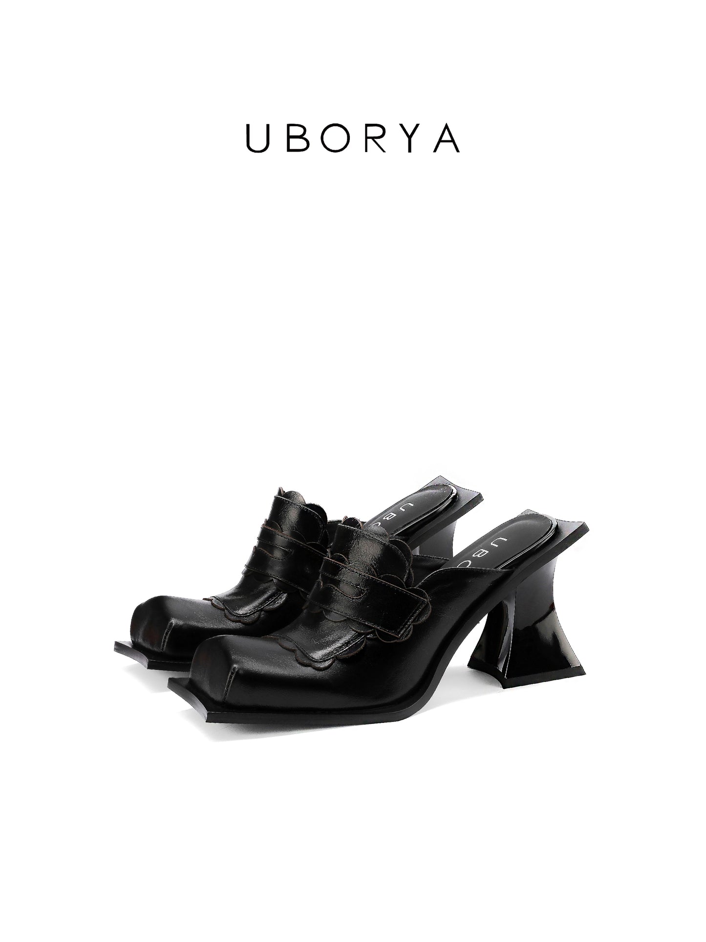 UBORYA Black Sculptural Mules – Avant-Garde Scalloped Pumps for Women | 8cm / 3.1in Geometric Block Heel | Glossy Patent Leather | Edgy Modern Mule Sandals
