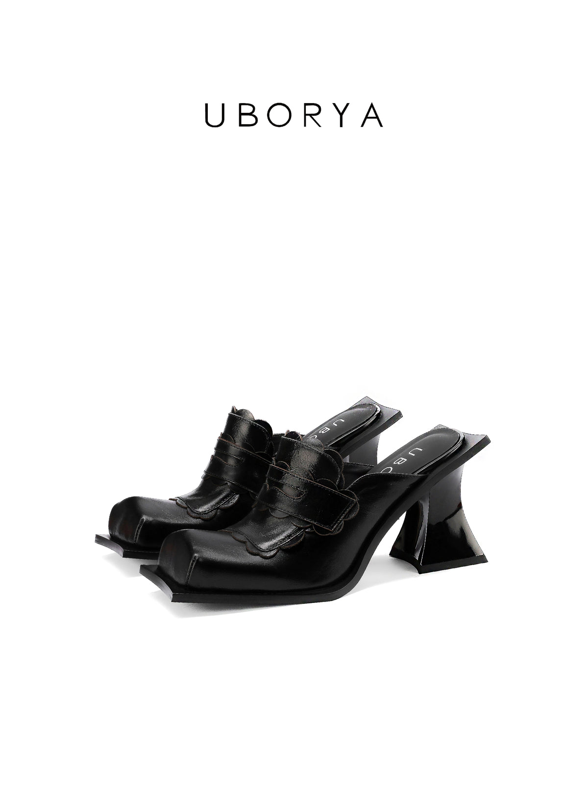 UBORYA Black Sculptural Avant‑Garde Mules 8cm Geometric Block Heel