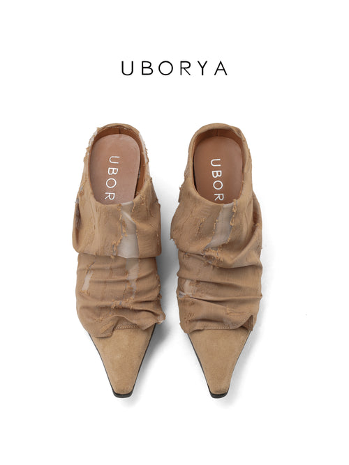 UBORYA Beige Pointed Toe Ankle Boots Ruched Texture Low Block Heel