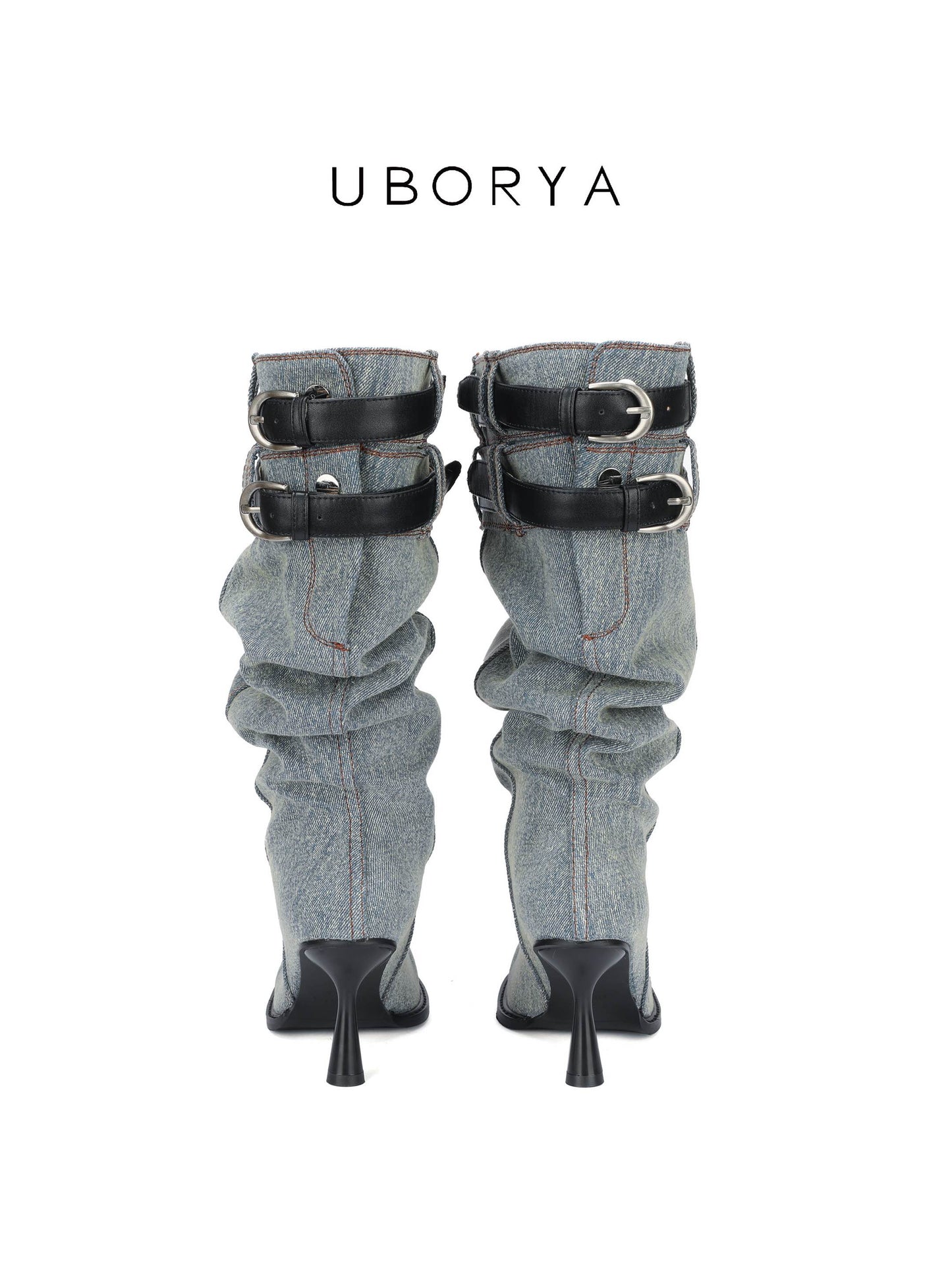 UBORYA Denim Slouchy Knee-High Boots with Black Buckle Straps – Sculptural Kitten Heel Boots for Women | Distressed Jean Booties | Avant-Garde Denim Punk Footwear