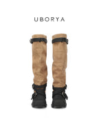 UBORYA Tan Suede Slouchy Knee-High Boots with Black Buckle Straps