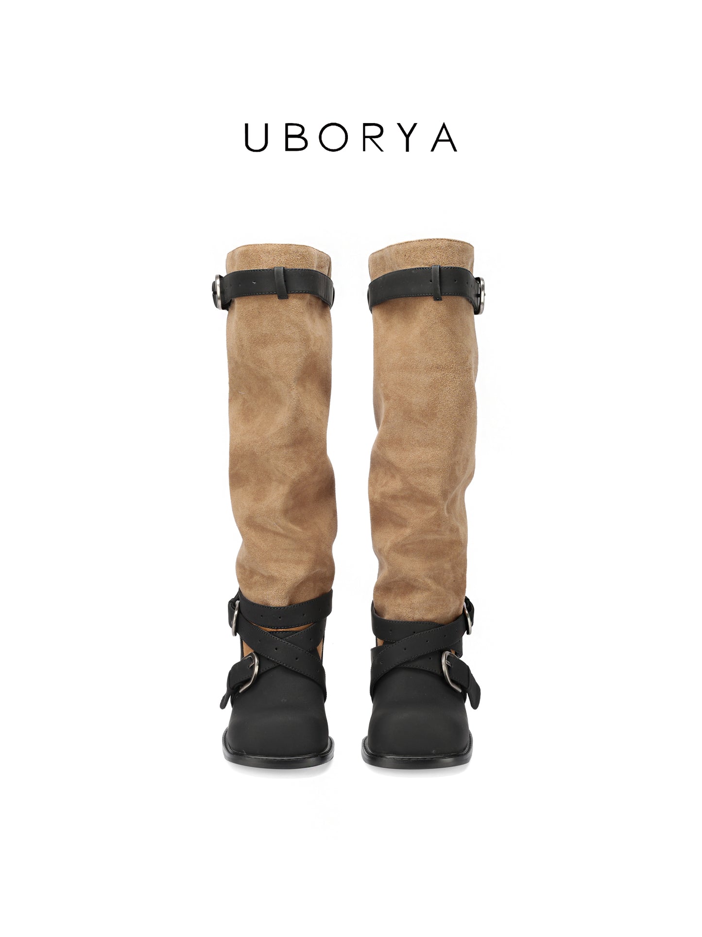 UBORYA Tan Suede Slouchy Knee-High Boots with Black Buckle Straps – Sculptural Kitten Heel Boots for Women | Two-Tone Western Punk Booties