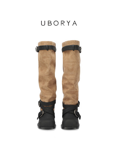 UBORYA Tan Suede Slouchy Knee-High Boots with Black Buckle Straps – Sculptural Kitten Heel Boots for Women | Two-Tone Western Punk Booties