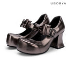 UBORYA Metallic Taupe Dark Academia Mary Jane Platform Heels, Oversized Bow & Buckle Square Toe